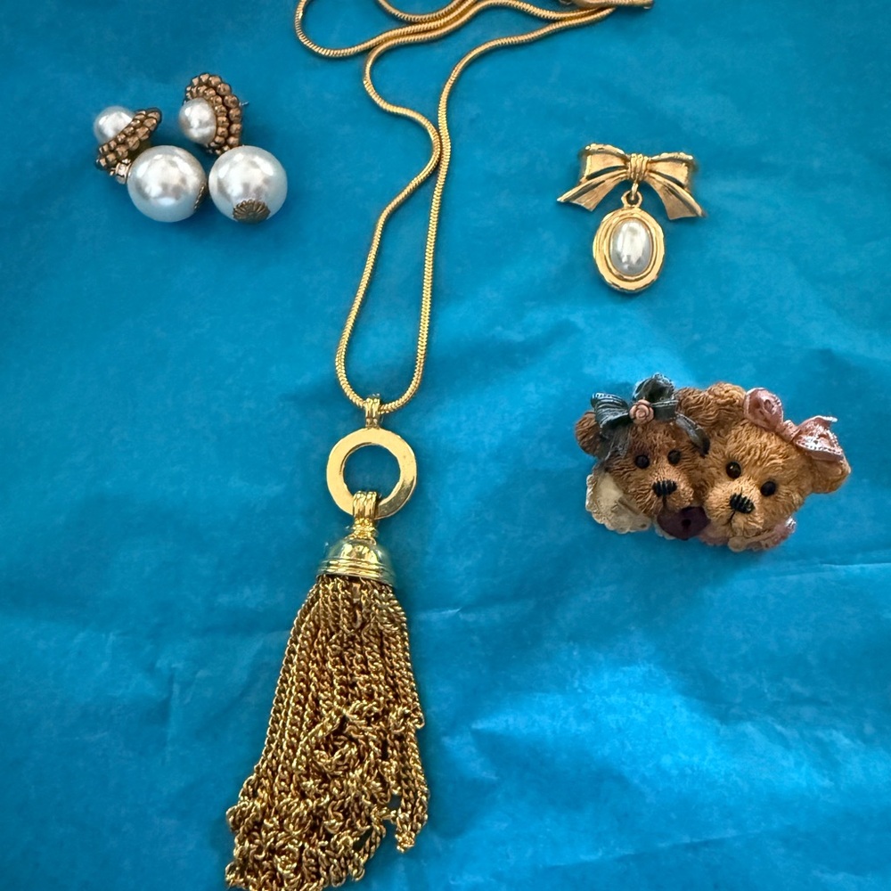 Grouping of Necklace,Brooches, earrings,   A Boyd’s Bear Pin Added